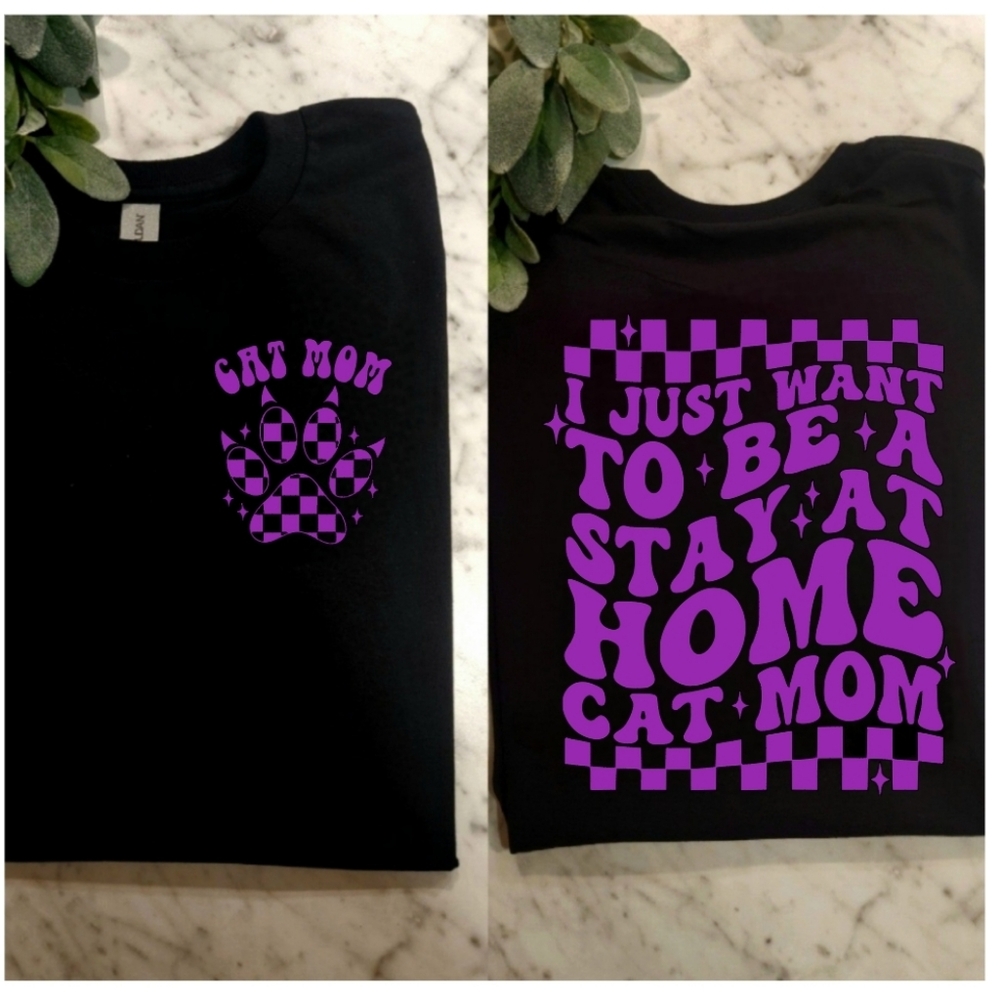 Cat mom shirt Stay At Home Cat Mom retro checkered popular cat mama Purple